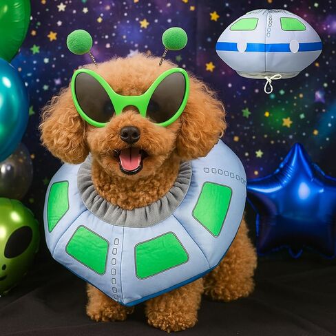 مجموعة أزياء الهالوين UFO الغريبة للكلاب مكونة من 3 قطع، زي سفينة الفضاء الممتع، عصابة رأس غريبة ونظارات خضراء لمستلزمات حفلات الهالوين والجرو التنكرية in Saudi Arabia