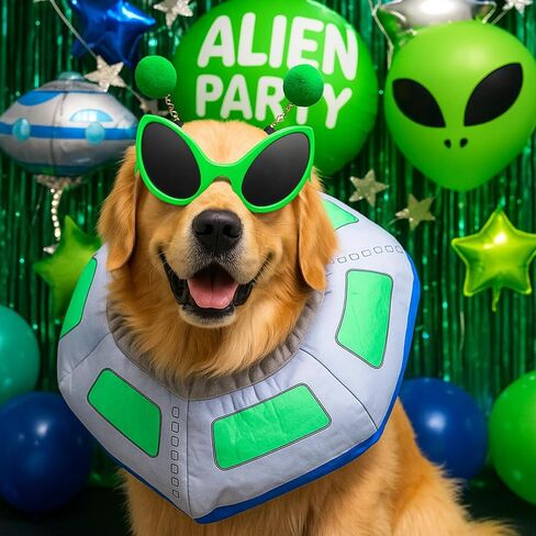 مجموعة أزياء الهالوين UFO الغريبة للكلاب مكونة من 3 قطع، زي سفينة الفضاء الممتع، عصابة رأس غريبة ونظارات خضراء لمستلزمات حفلات الهالوين والجرو التنكرية in Saudi Arabia