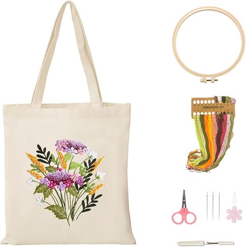 Vigdit Canvas Tote Bag Embroidery Kit for Beginners, Needlepoint Cross Stitch Kit for Adult Beginner, DIY Reusable Grocery Bags Embroidery Starter Kit with Stamped Floral Tools & Instructions in Kuwait