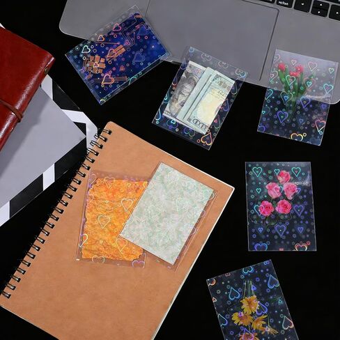 100PCS Laser Flashing Card Sleeves, Love Heart Laser Flashing Holographic Card Sleeves, Photocard Sleeve with Holographic Foil Cover, Laser-Flashing Trading Card-Protector for Photo Cards (65x90mm) in Saudi Arabia