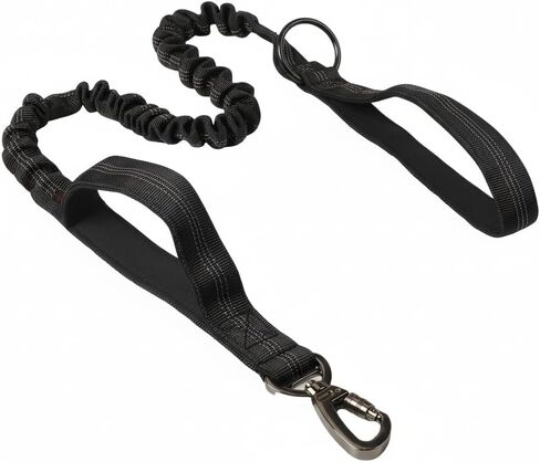 Heavy Duty Dog Leash with Dual Padded Handles, Reflective Stitching, Bungee Shock Absorber - 23-50in Adjustable Nylon Leash, Black in Kuwait