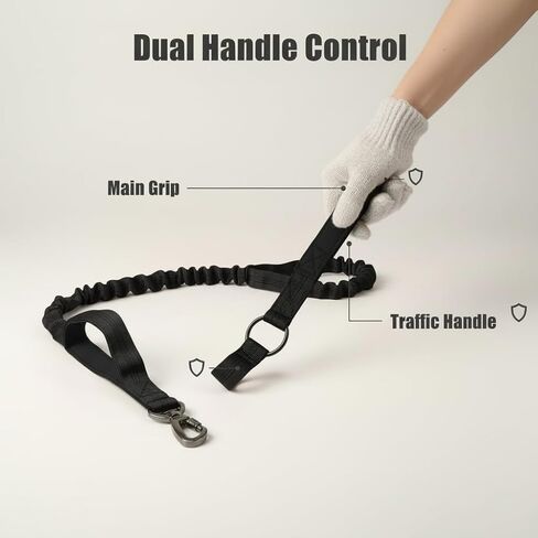 Heavy Duty Dog Leash with Dual Padded Handles, Reflective Stitching, Bungee Shock Absorber - 23-50in Adjustable Nylon Leash, Black in Kuwait