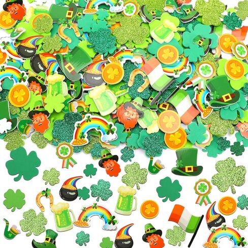 JULBEAR St. Patrick's Day Foam Sticker, 300Pcs Green Irish Lucky Shamrock Self Adhesive Foam Stickers Glitter Four Leaf Clover Stickers for Kids Party Favors DIY Crafts Decorations Supplies in Saudi Arabia