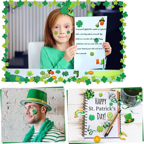 JULBEAR St. Patrick's Day Foam Sticker, 300Pcs Green Irish Lucky Shamrock Self Adhesive Foam Stickers Glitter Four Leaf Clover Stickers for Kids Party Favors DIY Crafts Decorations Supplies in Saudi Arabia