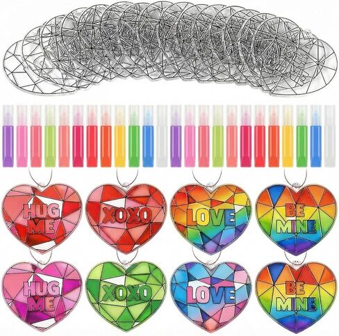 Blueweenly Valentine's Day Craft Kit 24 Pcs Heart Suncatchers Painting Crafts 12 Colored Paints Valentine's Day Suncatcher Decoration Window Paint Art Sun Catchers Gift Art Project(36 Pcs) in Saudi Arabia