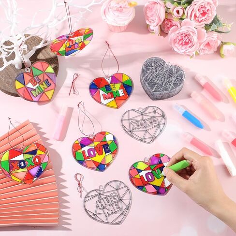 Blueweenly Valentine's Day Craft Kit 24 Pcs Heart Suncatchers Painting Crafts 12 Colored Paints Valentine's Day Suncatcher Decoration Window Paint Art Sun Catchers Gift Art Project(36 Pcs) in Saudi Arabia