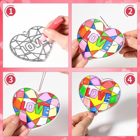 Blueweenly Valentine's Day Craft Kit 24 Pcs Heart Suncatchers Painting Crafts 12 Colored Paints Valentine's Day Suncatcher Decoration Window Paint Art Sun Catchers Gift Art Project(36 Pcs) in Saudi Arabia