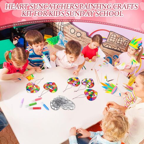 Blueweenly Valentine's Day Craft Kit 24 Pcs Heart Suncatchers Painting Crafts 12 Colored Paints Valentine's Day Suncatcher Decoration Window Paint Art Sun Catchers Gift Art Project(36 Pcs) in Saudi Arabia