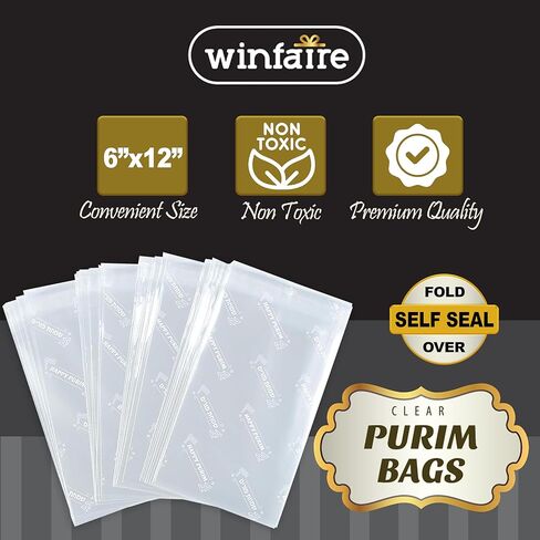 Winfaire Happy Purim Bags - 32 Pack 6" x 12" Purim Cellophane Treat Bags with Metallic Twist Ties in Saudi Arabia
