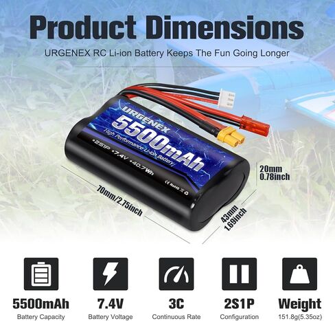 بطارية URGENEX TX16S بقدرة 5500 مللي أمبير في الساعة بقدرة عالية 7.4 فولت 2 ثانية مع قابس مزدوج XT30&JST مناسب لجهاز التحكم عن بعد Boxer/TX16S، TX18S، RC4GS، RC6GS، TX12 RC جهاز إرسال متوافق مع شاحنة سيارة RC in Kuwait