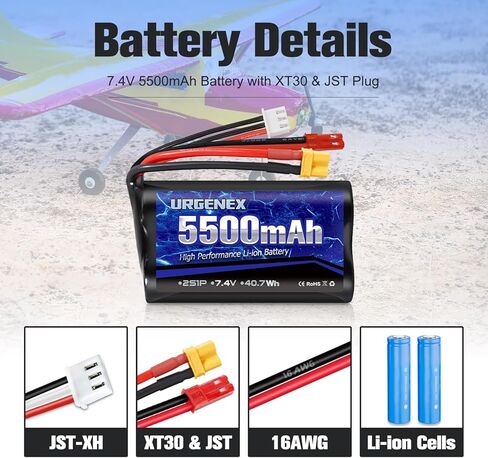 بطارية URGENEX TX16S بقدرة 5500 مللي أمبير في الساعة بقدرة عالية 7.4 فولت 2 ثانية مع قابس مزدوج XT30&JST مناسب لجهاز التحكم عن بعد Boxer/TX16S، TX18S، RC4GS، RC6GS، TX12 RC جهاز إرسال متوافق مع شاحنة سيارة RC in Kuwait