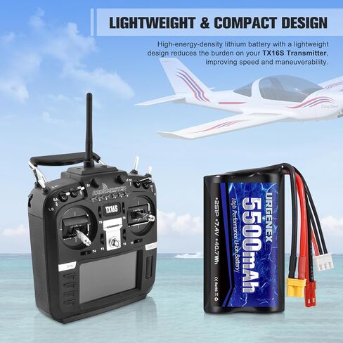 بطارية URGENEX TX16S بقدرة 5500 مللي أمبير في الساعة بقدرة عالية 7.4 فولت 2 ثانية مع قابس مزدوج XT30&JST مناسب لجهاز التحكم عن بعد Boxer/TX16S، TX18S، RC4GS، RC6GS، TX12 RC جهاز إرسال متوافق مع شاحنة سيارة RC in Kuwait