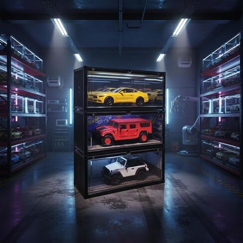 1/18 Scale Model Car Display Case with LED Light, Shipping Container Style Garage Diorama Show Case - Modern Mirror Reflective Interior, Grid Floor Showroom Design, Stackable Showcase for Diecast Vehi in Saudi Arabia
