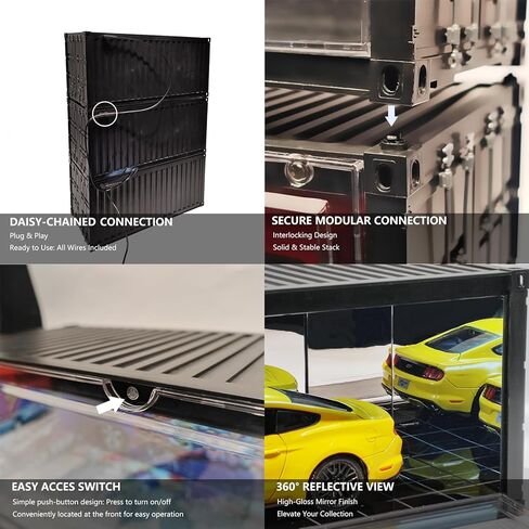 1/18 Scale Model Car Display Case with LED Light, Shipping Container Style Garage Diorama Show Case - Modern Mirror Reflective Interior, Grid Floor Showroom Design, Stackable Showcase for Diecast Vehi in Saudi Arabia