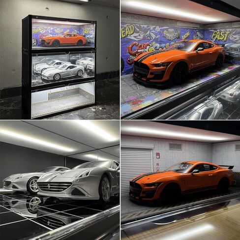 1/18 Scale Model Car Display Case with LED Light, Shipping Container Style Garage Diorama Show Case - Modern Mirror Reflective Interior, Grid Floor Showroom Design, Stackable Showcase for Diecast Vehi in Saudi Arabia
