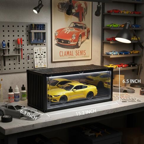 1/18 Scale Model Car Display Case with LED Light, Shipping Container Style Garage Diorama Show Case - Modern Mirror Reflective Interior, Grid Floor Showroom Design, Stackable Showcase for Diecast Vehi in Saudi Arabia