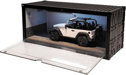 1/18 Scale Model Car Display Case with LED Light, Shipping Container Style Garage Diorama Show Case - Modern Mirror Reflective Interior, Grid Floor Showroom Design, Stackable Showcase for Diecast Vehi in Saudi Arabia