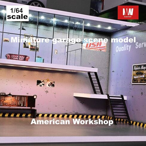 Diorama 1/64 Car Display Case Garage Repair Shop Model Fits for Hot Wheels Matchbox Mini GT Diecast Cars,Dimmable LED Lighting Car Maintenance Workshop Scene Display Case Model (American Workshop) in Saudi Arabia