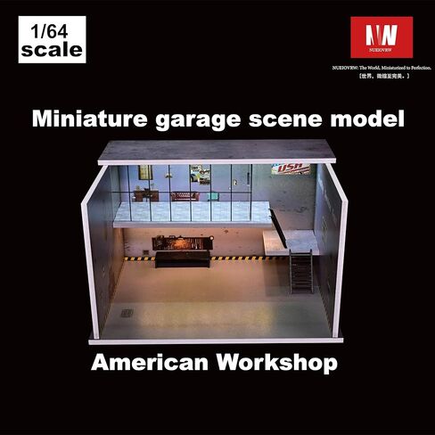 Diorama 1/64 Car Display Case Garage Repair Shop Model Fits for Hot Wheels Matchbox Mini GT Diecast Cars,Dimmable LED Lighting Car Maintenance Workshop Scene Display Case Model (American Workshop) in Saudi Arabia