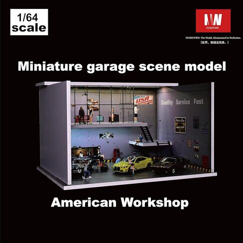 Diorama 1/64 Car Display Case Garage Repair Shop Model Fits for Hot Wheels Matchbox Mini GT Diecast Cars,Dimmable LED Lighting Car Maintenance Workshop Scene Display Case Model (American Workshop) in Saudi Arabia