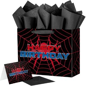 حقيبة هدايا عيد ميلاد للأطفال من Ranfashiong بحجم 13 بوصة عنكبوت أحمر كبير مع مناديل ورقية وبطاقة، غلاف تصميم شبكات العنكبوت للأولاد والبنات ديكور حفلات الهالوين in Kuwait
