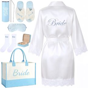 Patelai 7pcs Something Blue Bridal Shower Box Gift Bride to Be Wedding Gift Sets for Women with Bridal Robes Bride Bag Slippers Socks Tumbler Eye Mask Jewelry Box for Bachelorette Wedding in Saudi Arabia