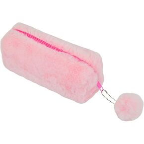 Plush Pencil Case, Pink Faux Fur with Pom Pom Charm, Medium Size Zipper Pouch for School Supplies, 8 Inch Storage Organizer in Saudi Arabia