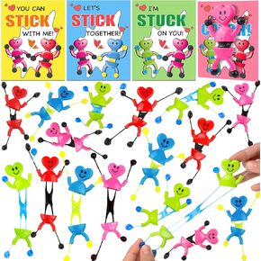 28 Pack Valentines Day Gifts for Kids Classroom, Valentines Cards with Valentines Sticky Man Toys School Exchange Gifts Heart Sticky Wall Climbing Men Stress Relief Toys Valentines Party Favors Prizes in Kuwait