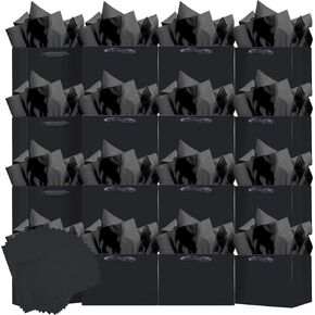 qiqee Black Gift Bags with Tissue Paper Mulit Assorted Sizes 24PCS Present Party Birthday Bags(4pcs Large 13",10pcs Medium 9",10pcs Small 6") in Saudi Arabia