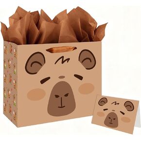 حقيبة هدايا عيد ميلاد كابيبارا من لانكيافسكريبت مع مناديل ورقية وبطاقة، لوازم تزيين الحفلات ذات طابع الحيوان البني in Kuwait