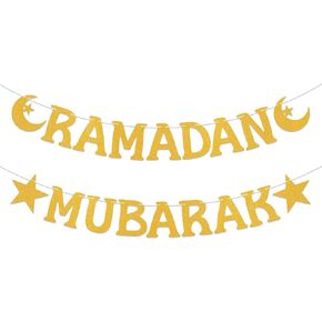 ديكورات رمضان - لافتة رمضان مبارك ذهبية لامعة مع علامات هلال ونجمة، لوازم الحفلات الإسلامية للمنزل، المسجد، مربوطة مسبقًا in Kuwait