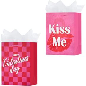 OFIHANLY 2 Pack 12.6" Medium Size Happy Valentine's Day Gift Bags with Handles for Women Men Pink Paper Gift Wrap Bags with Tissue Paper for Kids in Kuwait