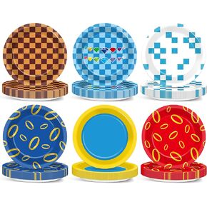 48pcs Blue Hedgehog Party Supplies Cartoon Hedgehog Paper Plates Blue Golden Ring Theme Dessert Plates Video Game Themed Disposable Tableware for Kids Baby Shower Birthday Game Party Decor in Saudi Arabia
