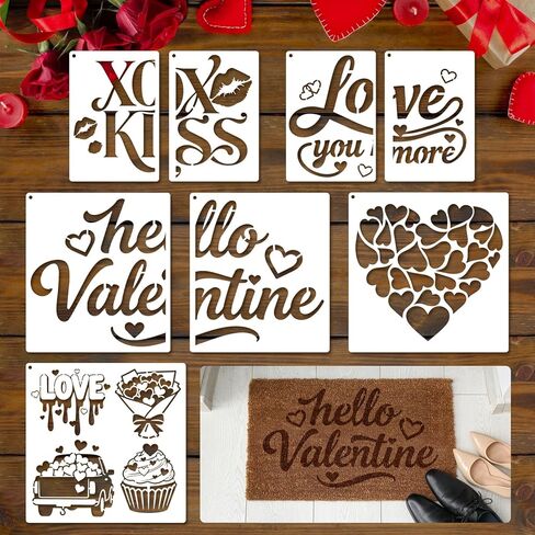 Konsait 8 PCS Valentine Door Mat Stencils for Painting, Reusable Valentine's Day Templates Love Kiss Heart Stencil Hello Valentine Stencil for Doormat Wood Floor Plastic Large Stencils in Saudi Arabia