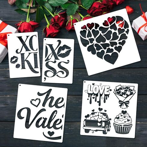 Konsait 8 PCS Valentine Door Mat Stencils for Painting, Reusable Valentine's Day Templates Love Kiss Heart Stencil Hello Valentine Stencil for Doormat Wood Floor Plastic Large Stencils in Saudi Arabia