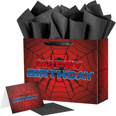 Ranfashiong 13" Red Large Spider Kids Birthday Gift Bag with Tissue Paper and Card, Spider Webs Design Wrapping for Boys, Girls Halloween Party Decor in Saudi Arabia