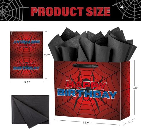 Ranfashiong 13" Red Large Spider Kids Birthday Gift Bag with Tissue Paper and Card, Spider Webs Design Wrapping for Boys, Girls Halloween Party Decor in Saudi Arabia
