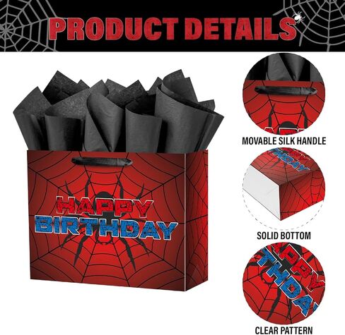 Ranfashiong 13" Red Large Spider Kids Birthday Gift Bag with Tissue Paper and Card, Spider Webs Design Wrapping for Boys, Girls Halloween Party Decor in Saudi Arabia