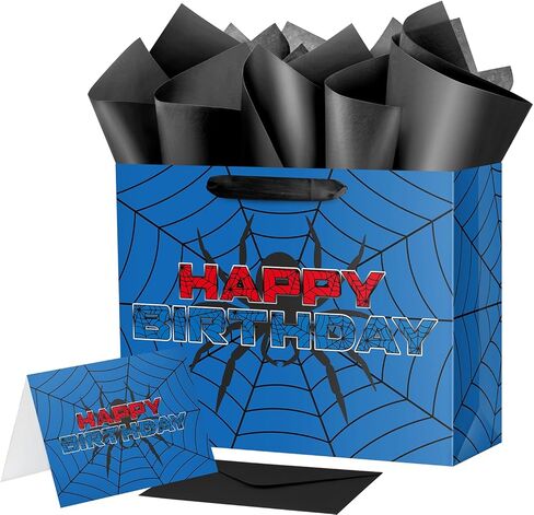 Ranfashiong 13" Red Large Spider Kids Birthday Gift Bag with Tissue Paper and Card, Spider Webs Design Wrapping for Boys, Girls Halloween Party Decor in Saudi Arabia