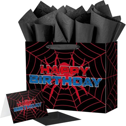 حقيبة هدايا عيد ميلاد للأطفال من Ranfashiong بحجم 13 بوصة عنكبوت أحمر كبير مع مناديل ورقية وبطاقة، غلاف تصميم شبكات العنكبوت للأولاد والبنات ديكور حفلات الهالوين in Kuwait