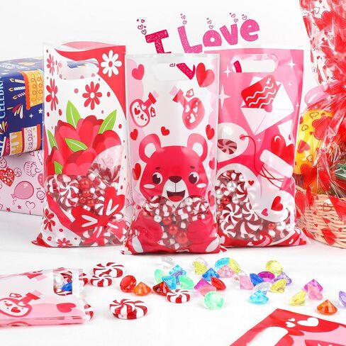 CCINEE 48 Pcs Valentine's Day Plastic Treat Bags for Kids,Candy Bag Set with Shaped Window for Valentines Day Party Supplies Goodie Bag Snack Container in Saudi Arabia