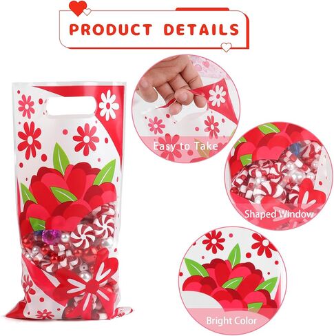 CCINEE 48 Pcs Valentine's Day Plastic Treat Bags for Kids,Candy Bag Set with Shaped Window for Valentines Day Party Supplies Goodie Bag Snack Container in Saudi Arabia