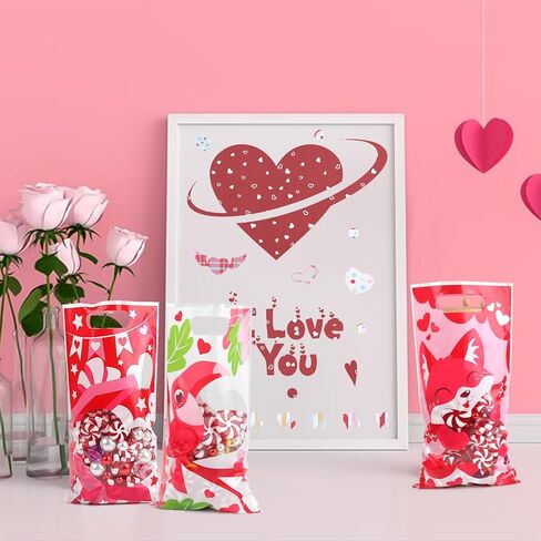 CCINEE 48 Pcs Valentine's Day Plastic Treat Bags for Kids,Candy Bag Set with Shaped Window for Valentines Day Party Supplies Goodie Bag Snack Container in Saudi Arabia