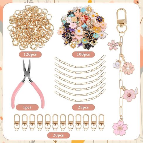 266Pcs Gold DIY Keychain Making Kit, Charm Jewelry Chain Making Crafts with 100 Flower Charms 20 Keychain Clips 120 Jump Rings 25 Extender Chain and Plier for DIY Crafts Accessories Women Bag Gift in Saudi Arabia
