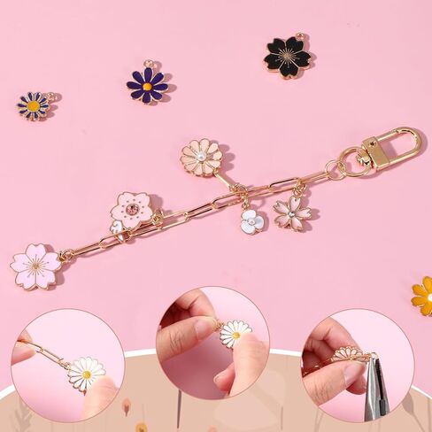 266Pcs Gold DIY Keychain Making Kit, Charm Jewelry Chain Making Crafts with 100 Flower Charms 20 Keychain Clips 120 Jump Rings 25 Extender Chain and Plier for DIY Crafts Accessories Women Bag Gift in Saudi Arabia