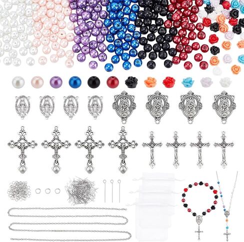 PH PandaHall 707pcs Rosary Jewelry Making Kit Prayer Making Supplies Necklace Set 8mm Glass Pearl Beads Cross Charms Rose Beads for Mubarak Ramadan Jewelry Making Bracelet Earring in Kuwait