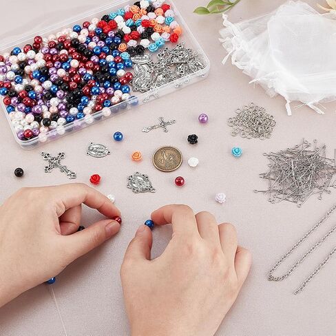 PH PandaHall 707pcs Rosary Jewelry Making Kit Prayer Making Supplies Necklace Set 8mm Glass Pearl Beads Cross Charms Rose Beads for Mubarak Ramadan Jewelry Making Bracelet Earring in Kuwait