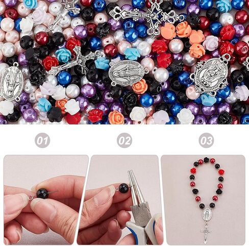 PH PandaHall 707pcs Rosary Jewelry Making Kit Prayer Making Supplies Necklace Set 8mm Glass Pearl Beads Cross Charms Rose Beads for Mubarak Ramadan Jewelry Making Bracelet Earring in Kuwait