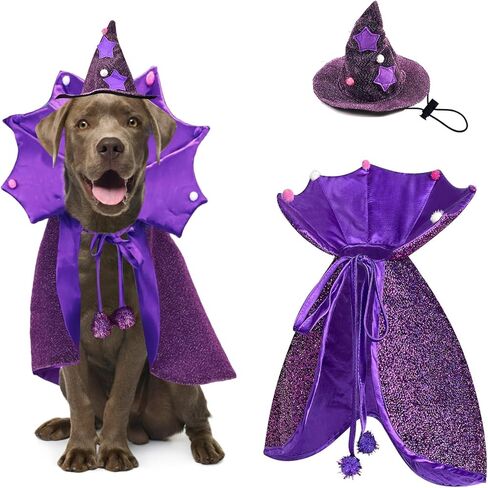 Halloween Wizard Dog Costumes Pet Cloak Witch Cape Hat Set 2PACK Wizard Cat Clothes Halloween Outfits Shiny Vampire Devil Cloak for Medium Dogs Party Cosplay Apparel (Purple, Medium) in Saudi Arabia