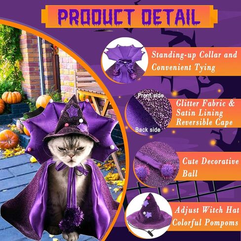 Halloween Wizard Dog Costumes Pet Cloak Witch Cape Hat Set 2PACK Wizard Cat Clothes Halloween Outfits Shiny Vampire Devil Cloak for Medium Dogs Party Cosplay Apparel (Purple, Medium) in Saudi Arabia